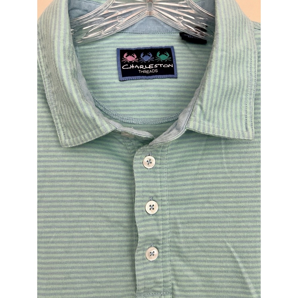 Charleston Threads Polo Shirt Mens XL Seafoam Green & Aqua Stripes Short Sleeve